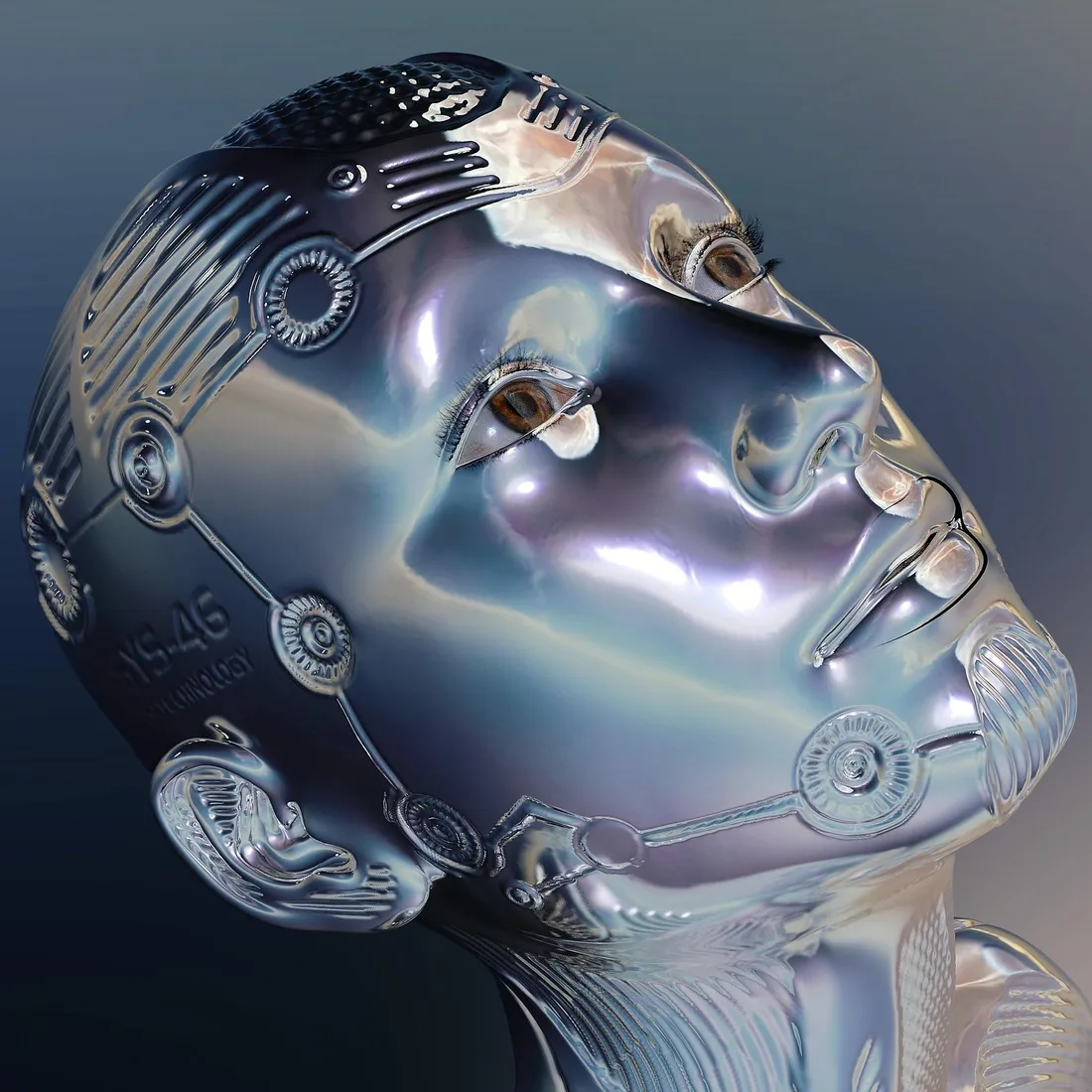 Zbliżenie metalowej twarzy humanoidalnego robota z ludzkimi oczami na ciemnym tle