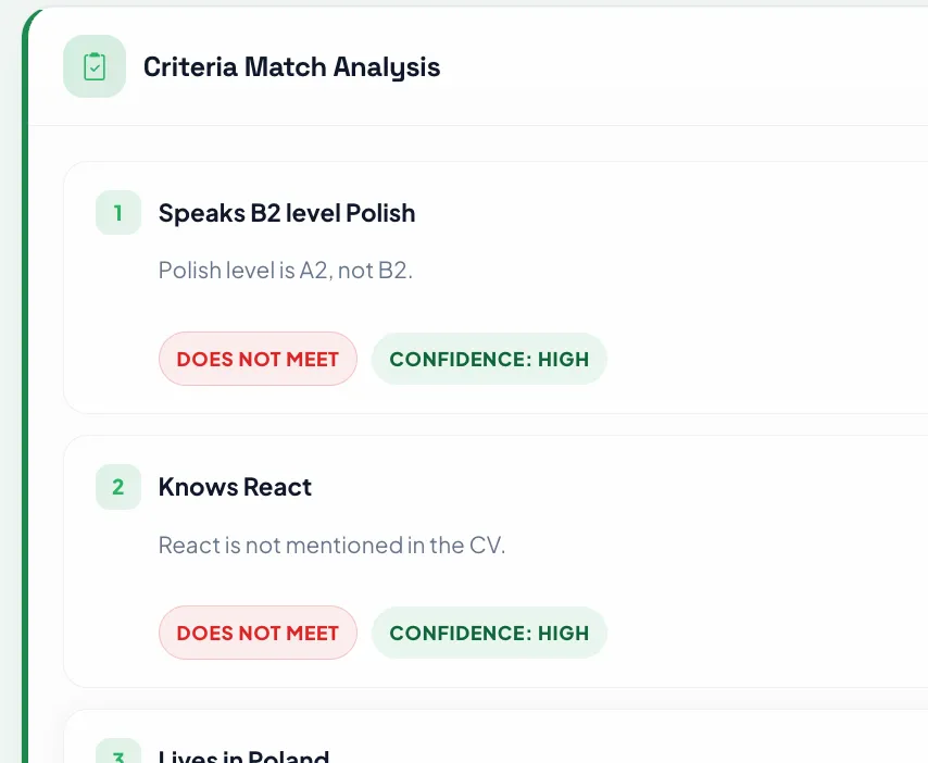 CriteriaMatch pass/fail checks in the Canvider ATS: must-have requirements with confidence scores per applicant.