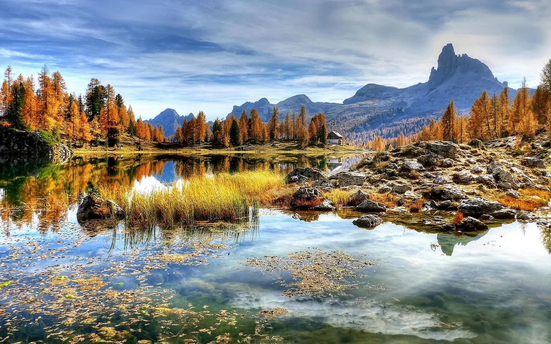 Dolomites mountain landscape with rocky peaks under a clear sky