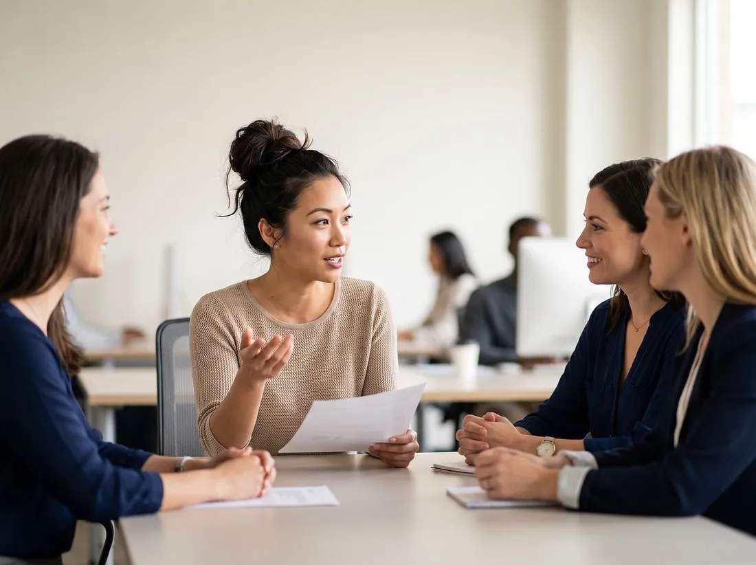 Four professionals in a bright open-plan office reviewing papers together around a desk during a hiring discussion