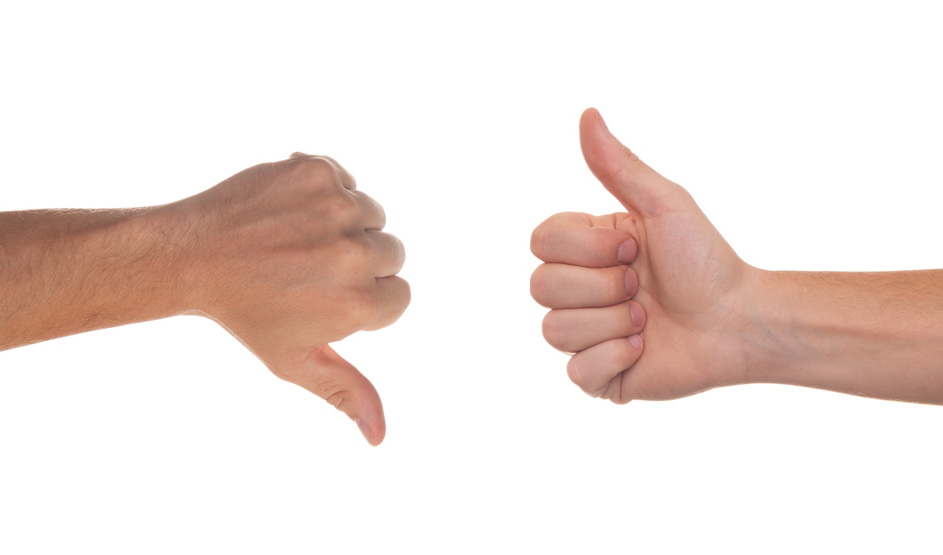 Two hands on a white background showing thumbs down and thumbs up to represent pros and cons