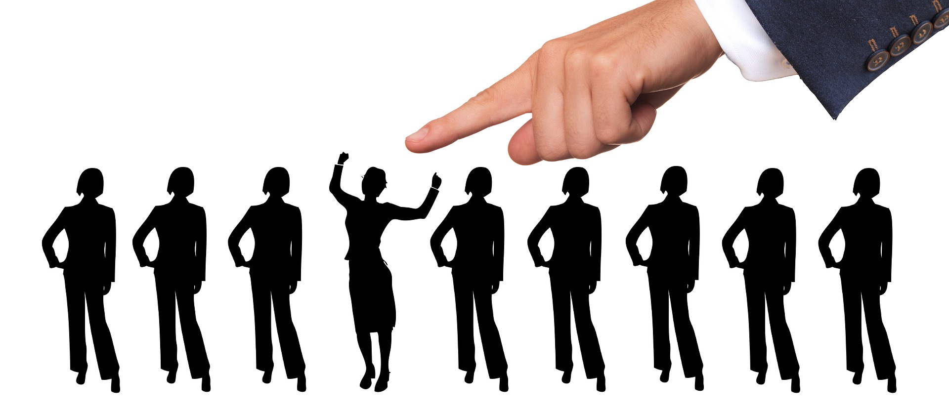 Hand in a business suit pointing down at a row of businesswoman silhouettes on a white background
