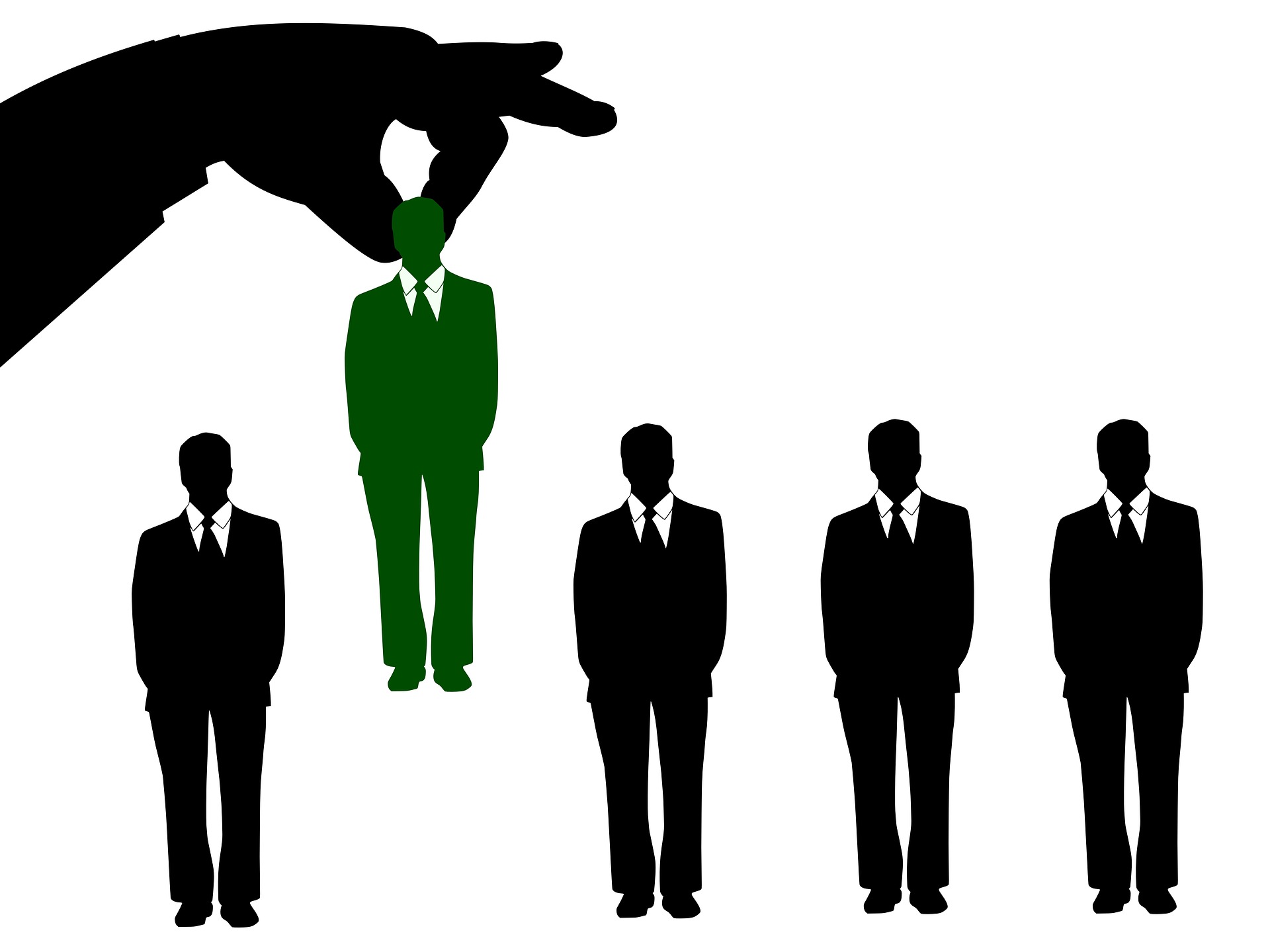 Illustration of five suited figures in a row with a large hand lifting one figure highlighted in green on a white background