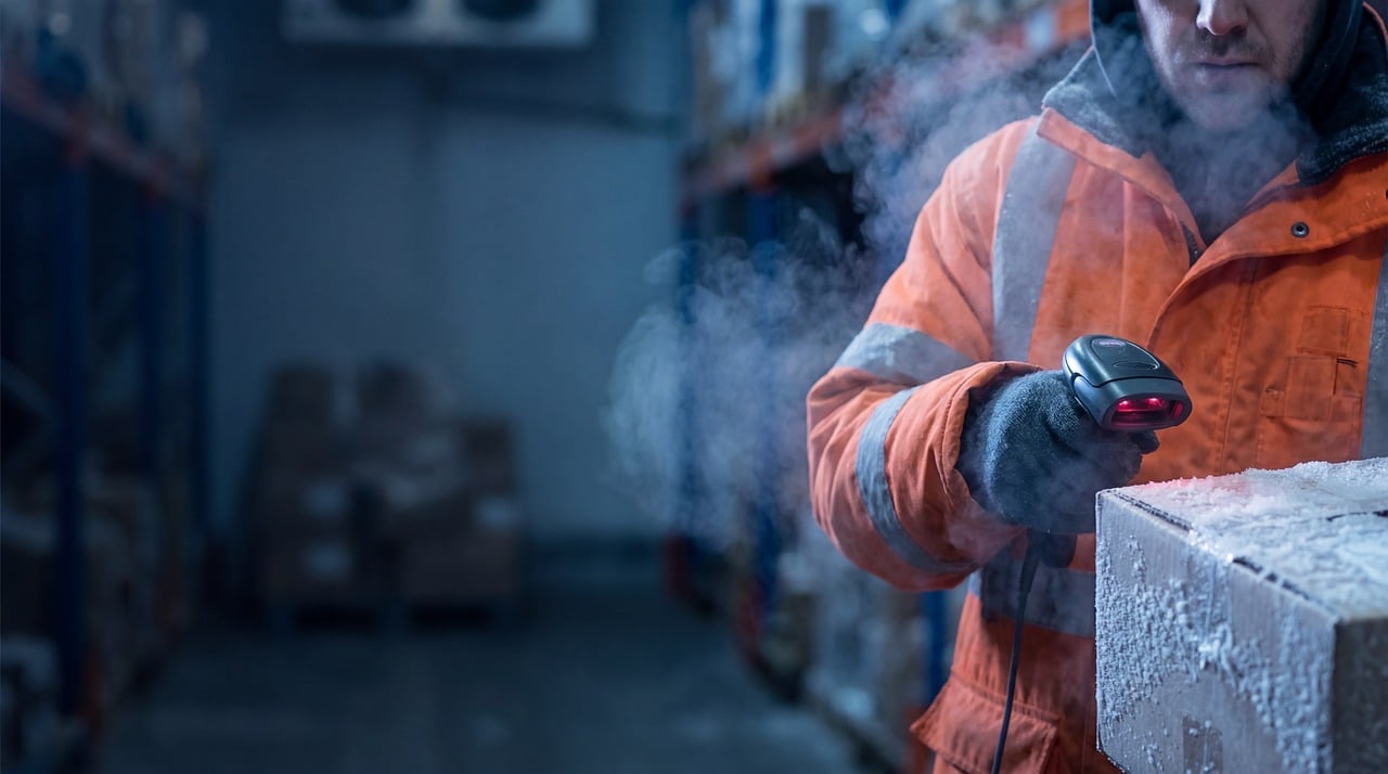 Worker in a high-visibility orange insulated coat scanning a frost-covered cardboard box with a handheld barcode scanner in a cold warehouse