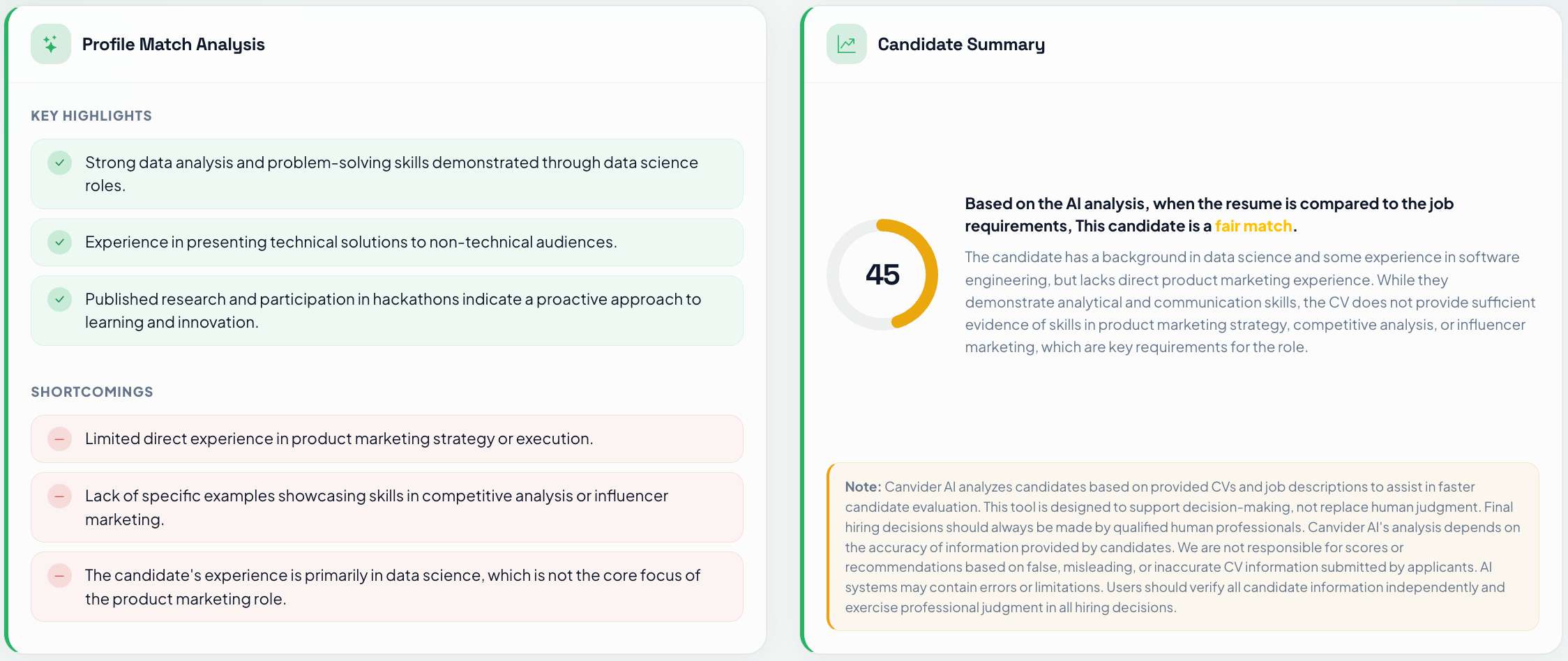 Canvider AI Score in an AI ATS: ranked applicants with explainable fit scores for faster resume screening.