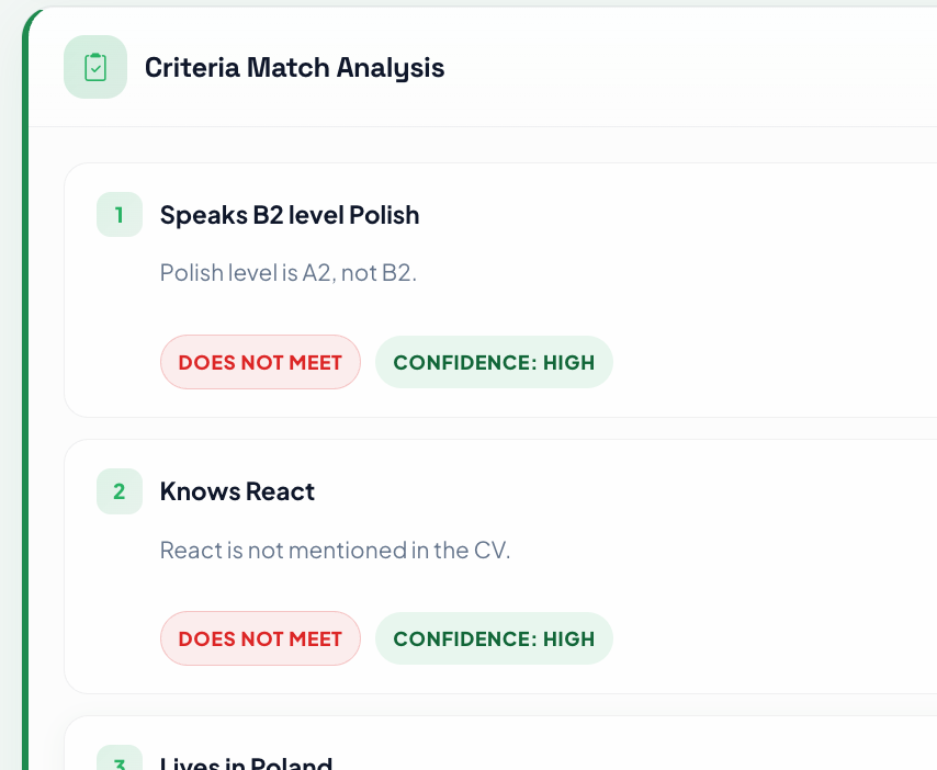 CriteriaMatch pass/fail checks in the Canvider ATS: must-have requirements with confidence scores per applicant.