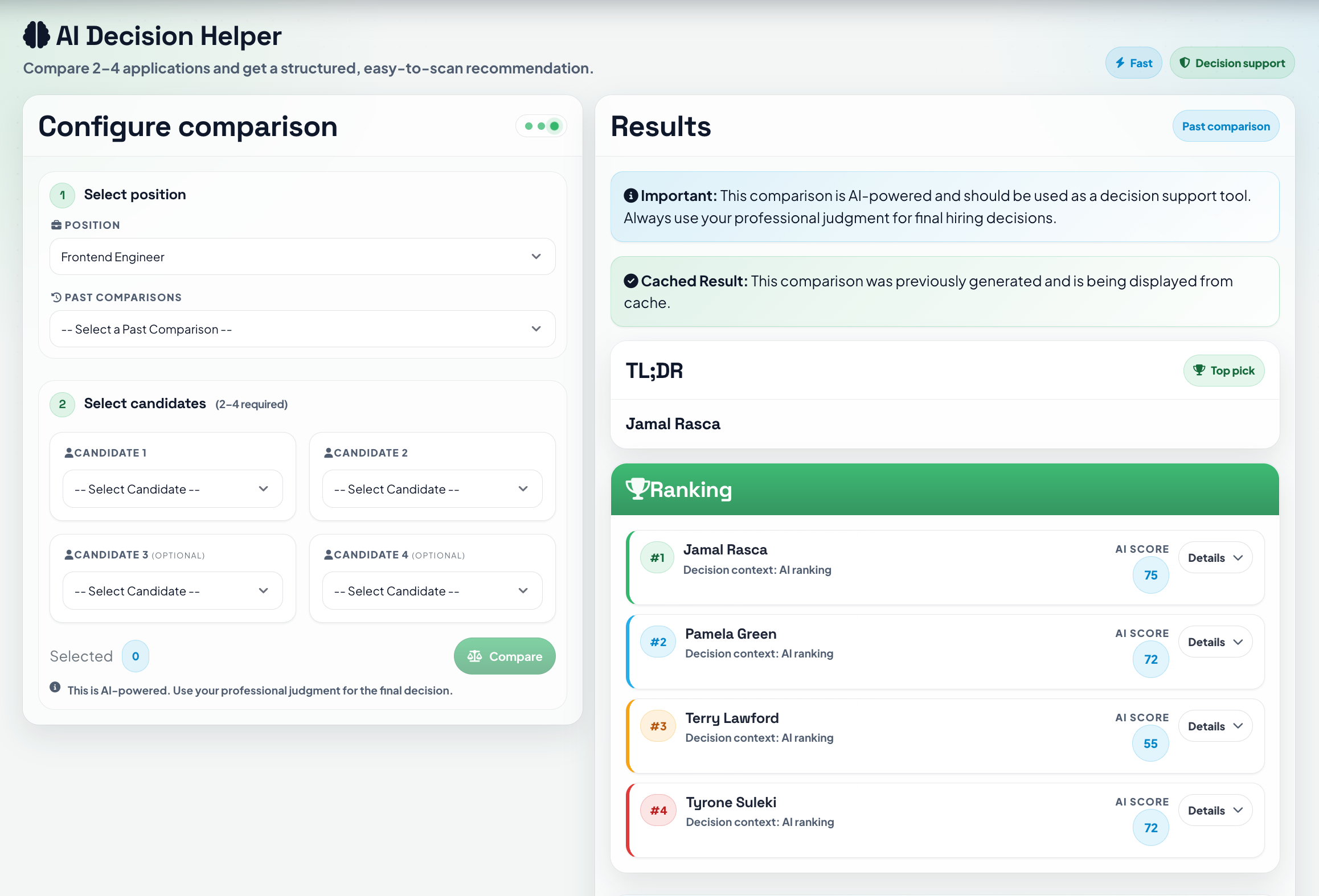 DecisionHelper comparison in Canvider: side-by-side finalists with AI-ranked insights for hiring decisions.